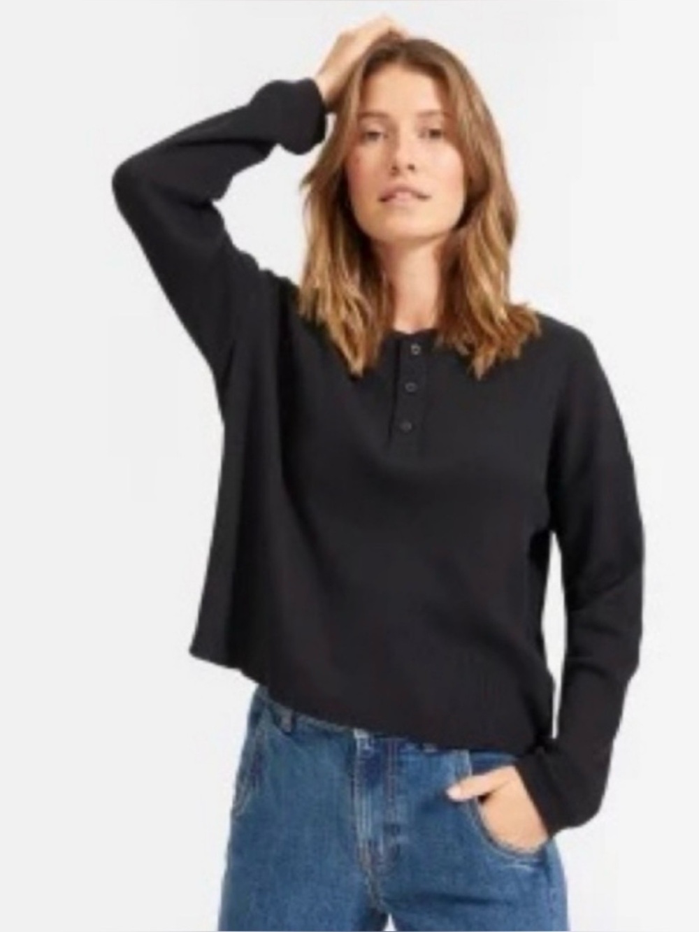 Everlane Cropped boxy cut waffle knit black thermal henley size XS